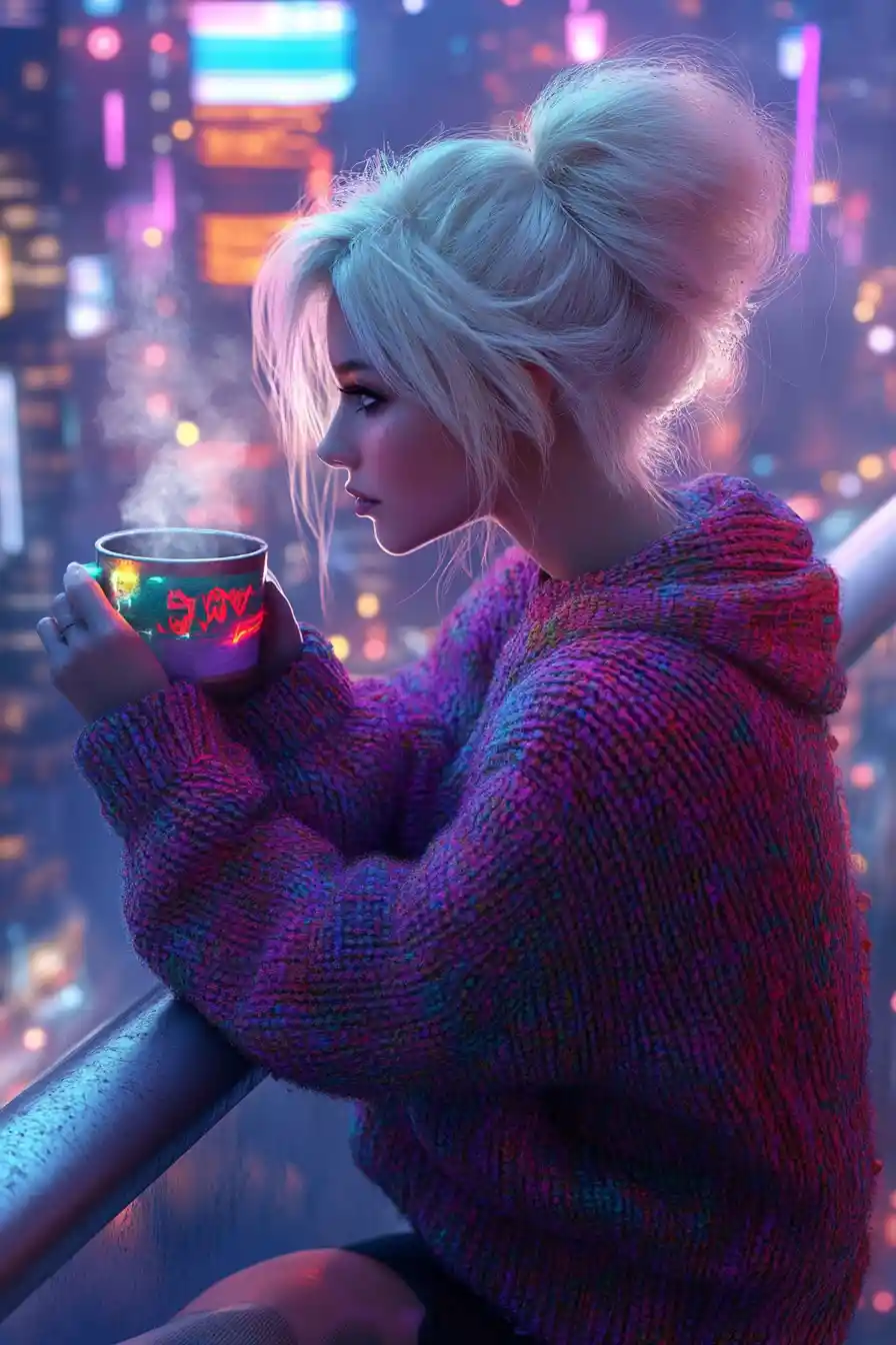 Girl Sitting On Neon Fire Escape Above Futuristic City