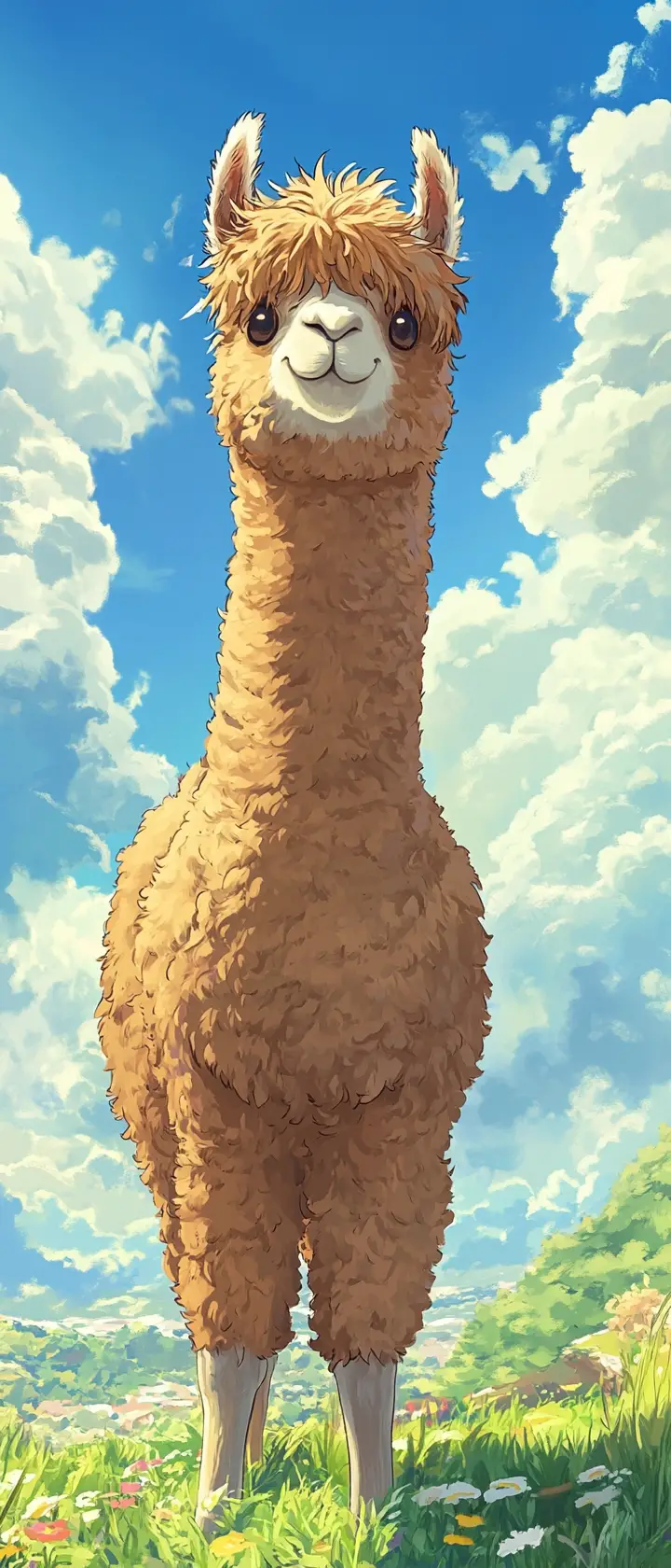Happy anime alpaca in a sunny green grass field