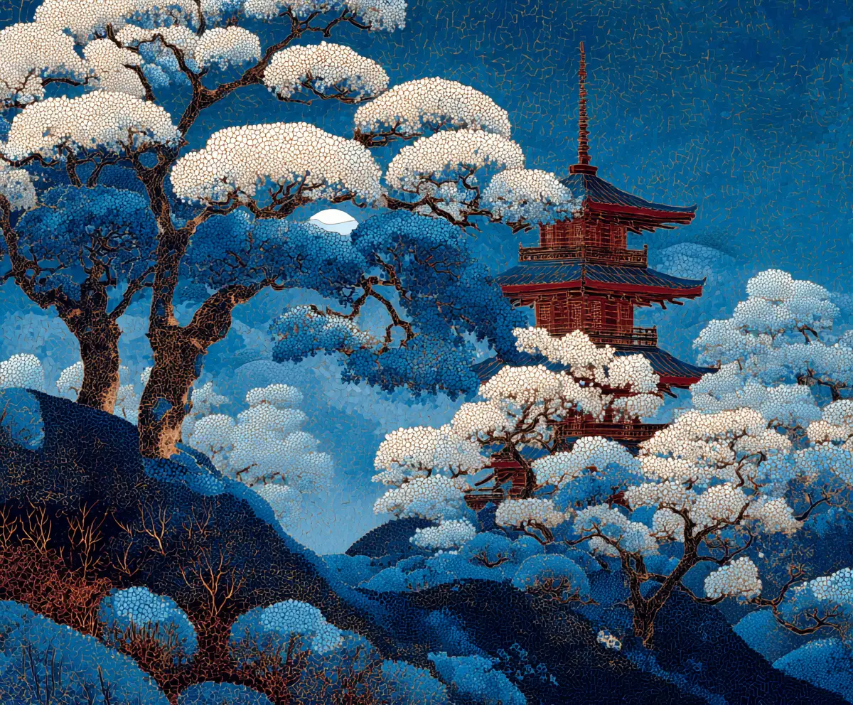 Serene Japanese Pagoda At Night In Snowy Landscape