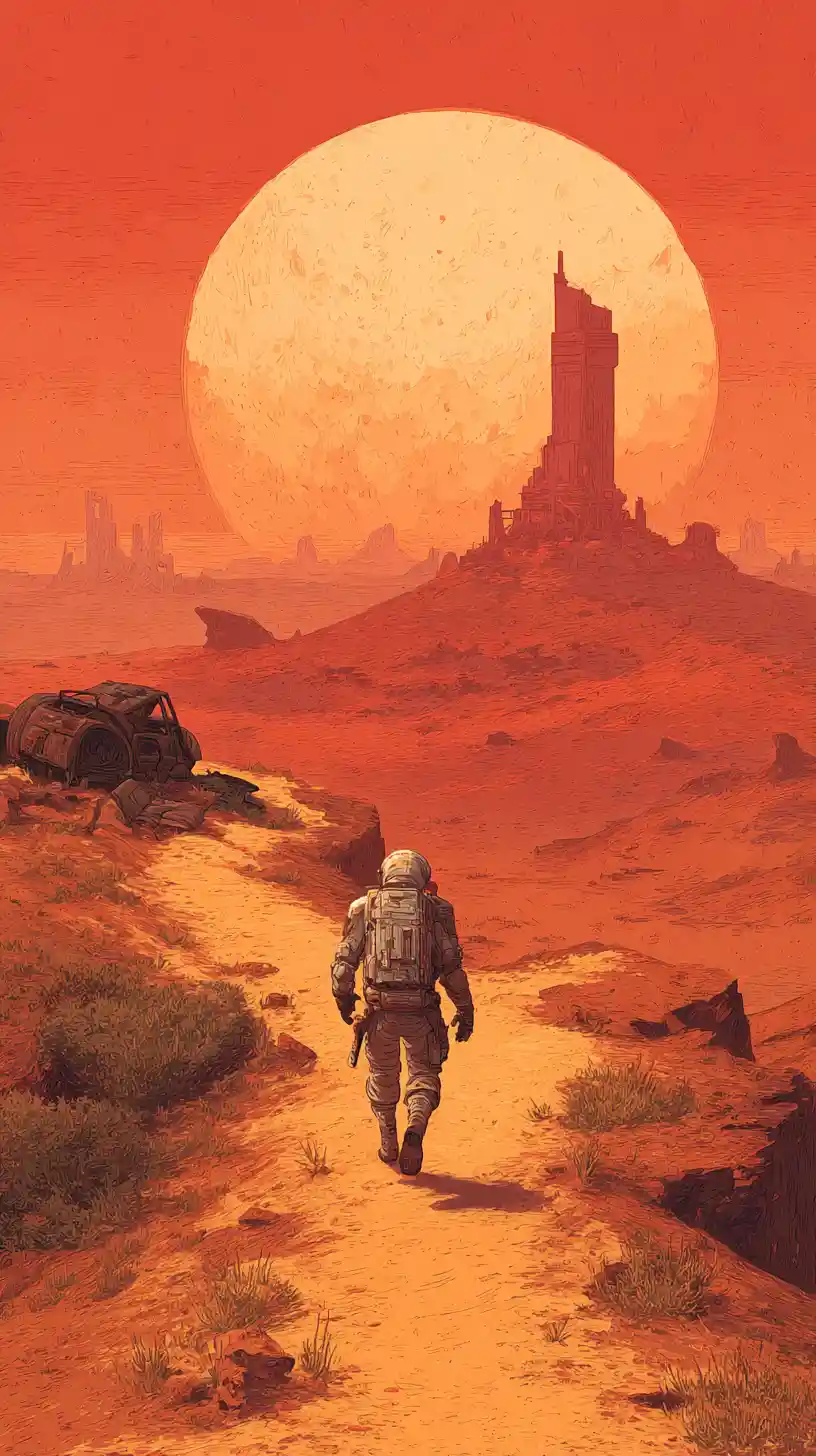 Lonely astronaut walking through a ruined desert wasteland