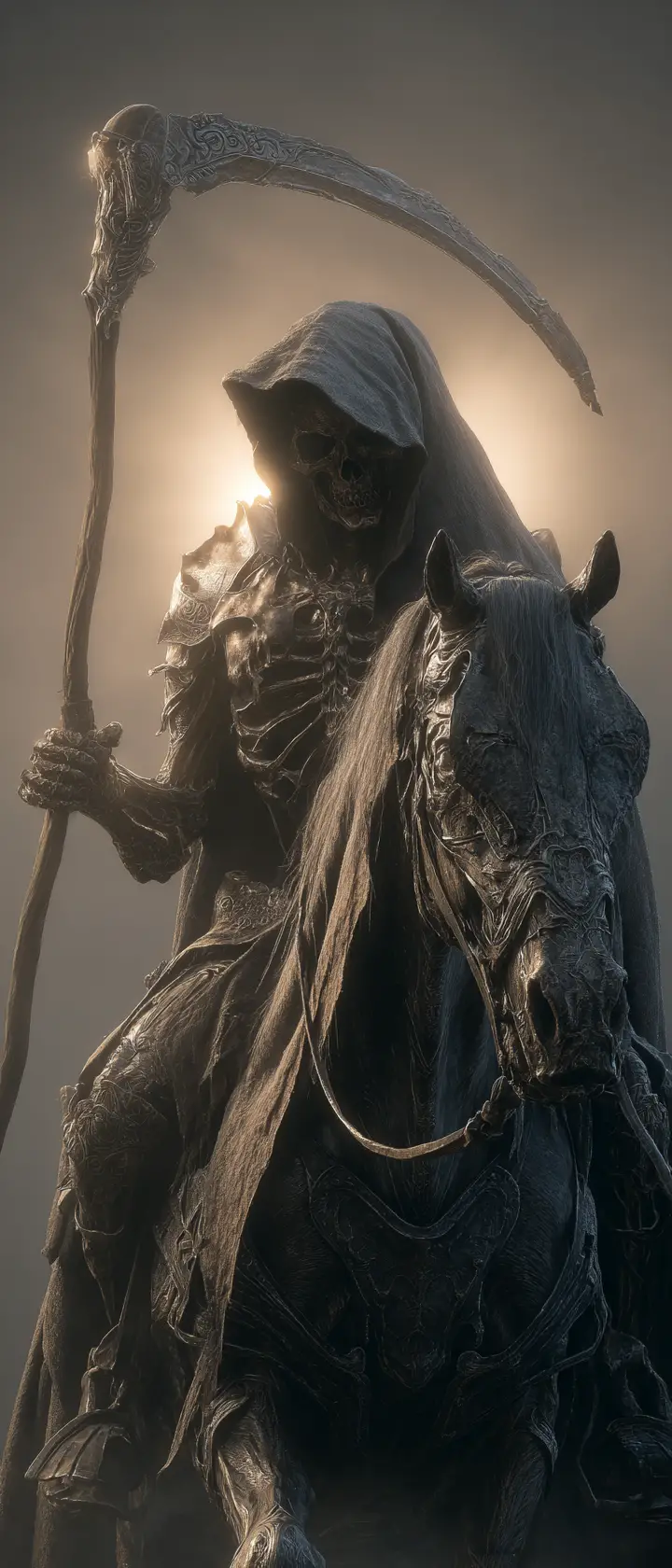 Apocalyptic horseman of death riding through dark mist