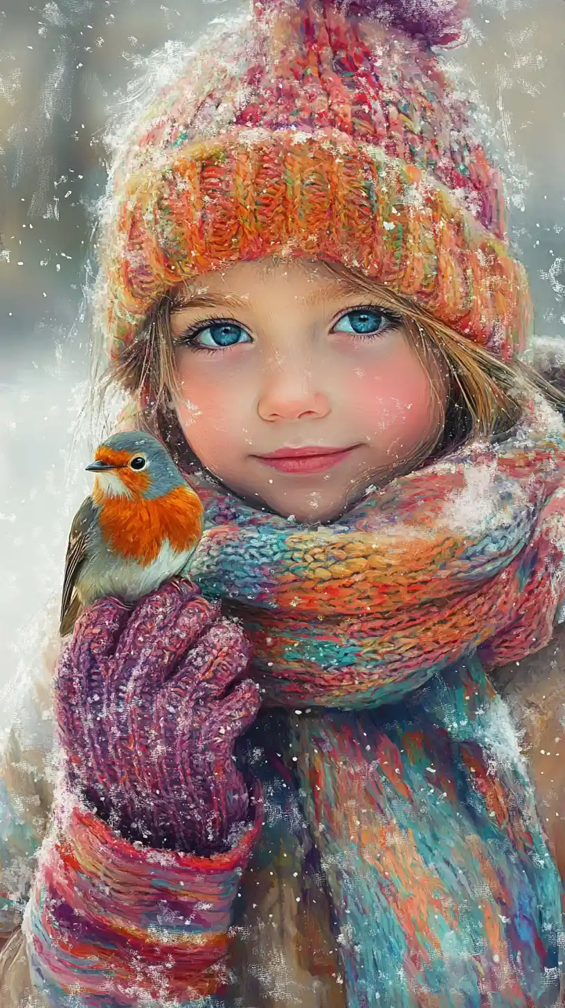 Young girl with robin in colorful winter clothing