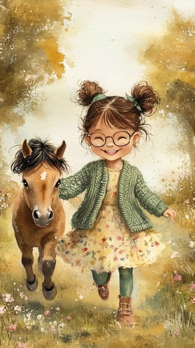 Happy little girl running with pony in spring field