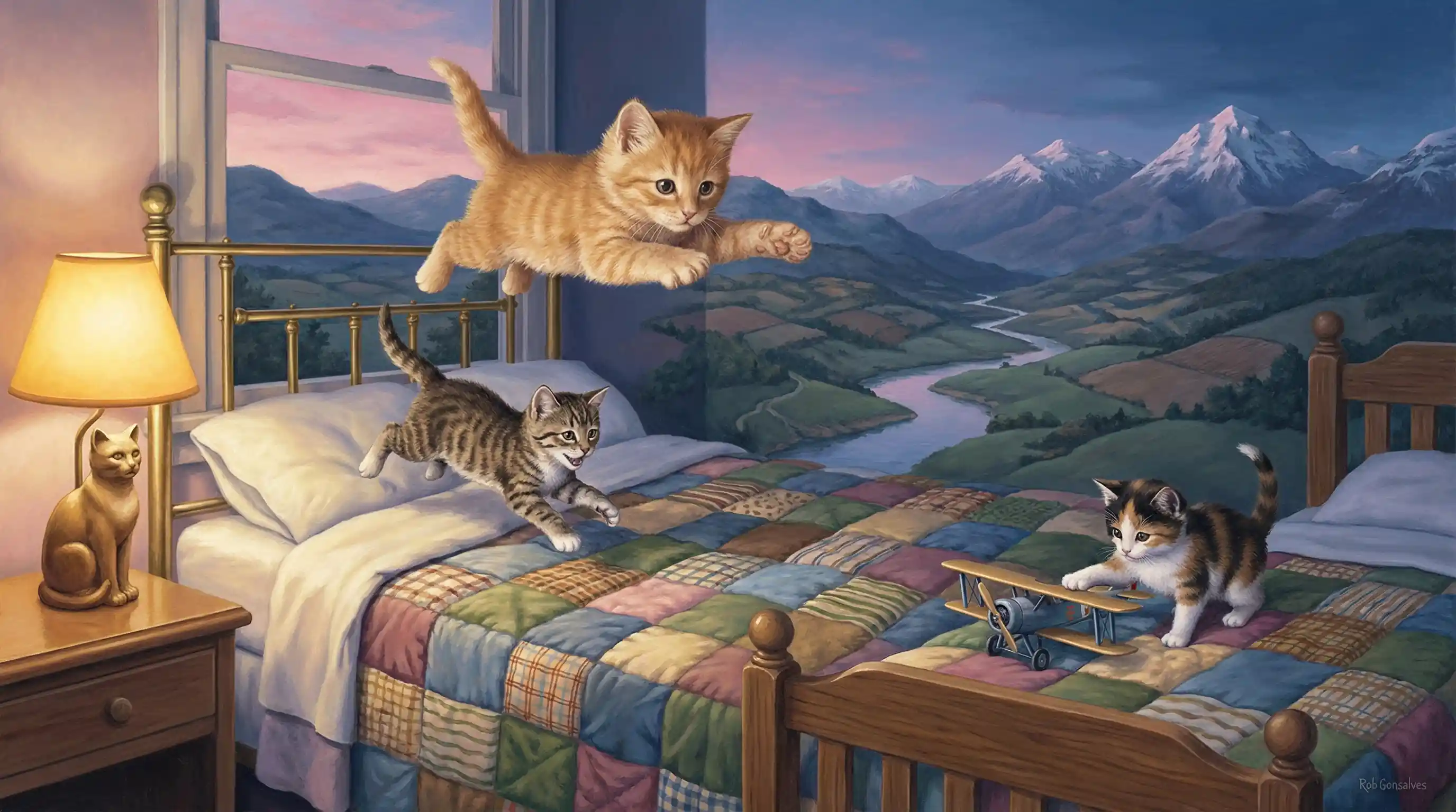Surreal flying kitten above a transforming patchwork bed
