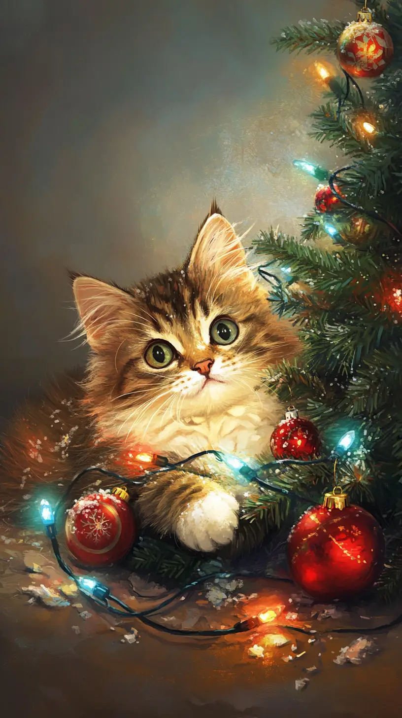 Cute cat tangled in Christmas lights by a fallen tree