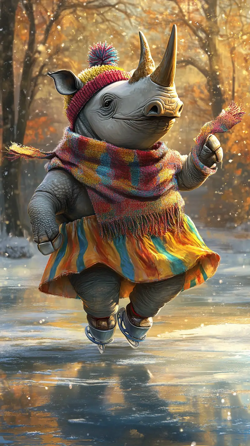 Whimsical Rhino Ice Skating On A Frozen Winter Lake