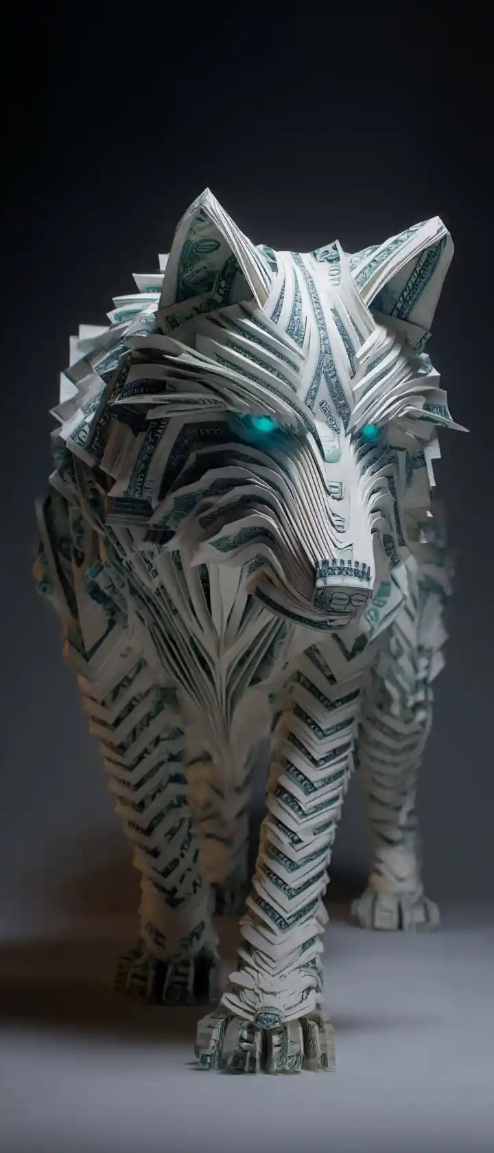 Paper wolf sculpture made from layered currency notes