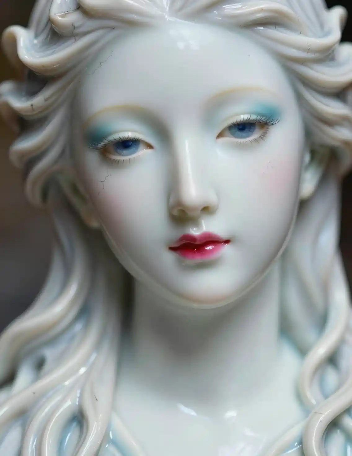 Art nouveau porcelain face with flowing hair close up