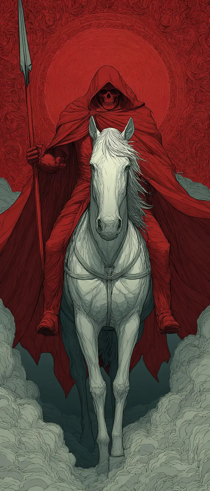Death riding a pale horse across an apocalyptic landscape