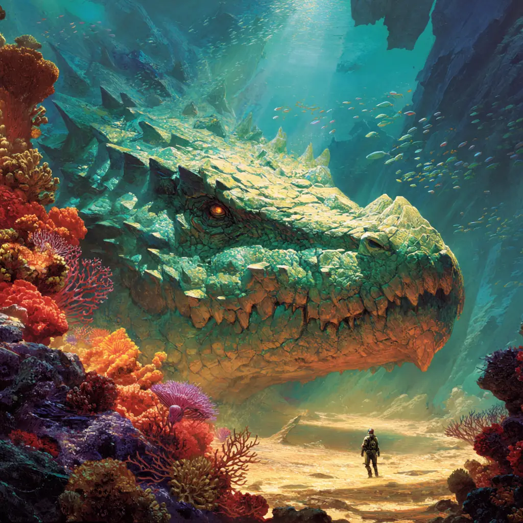 Colossal Sea Monster Above Diver On Sunlit Ocean Floor