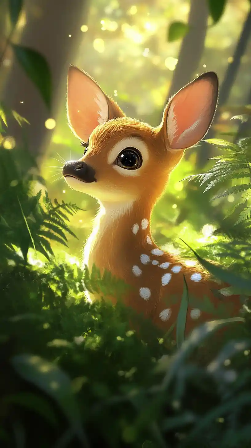 Adorable Fawn In Sunlit Forest Ferns Looking Up