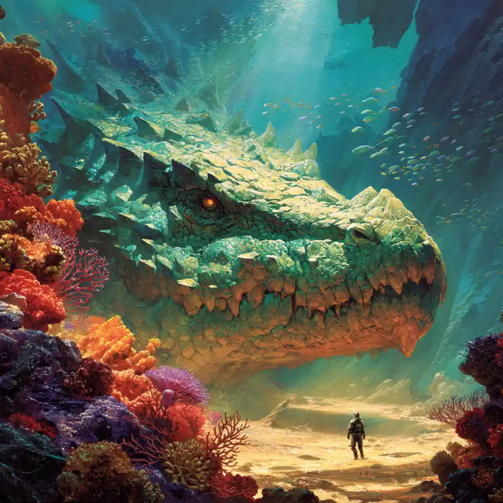 Colossal Sea Monster Above Diver On Sunlit Ocean Floor