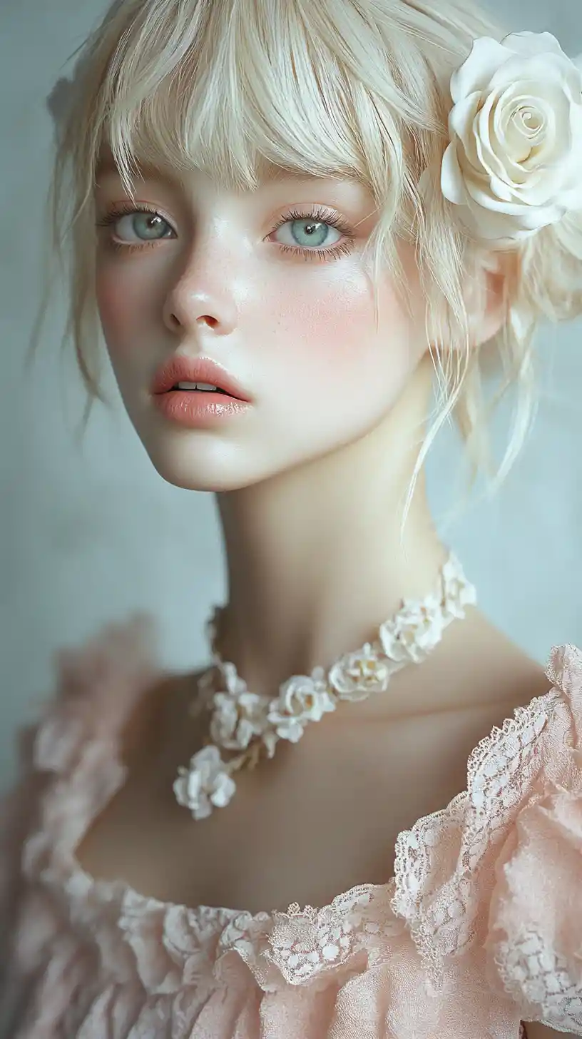 Romantic close up portrait of a doll like blonde woman