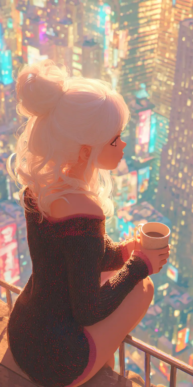 Young woman on neon city fire escape with coffee