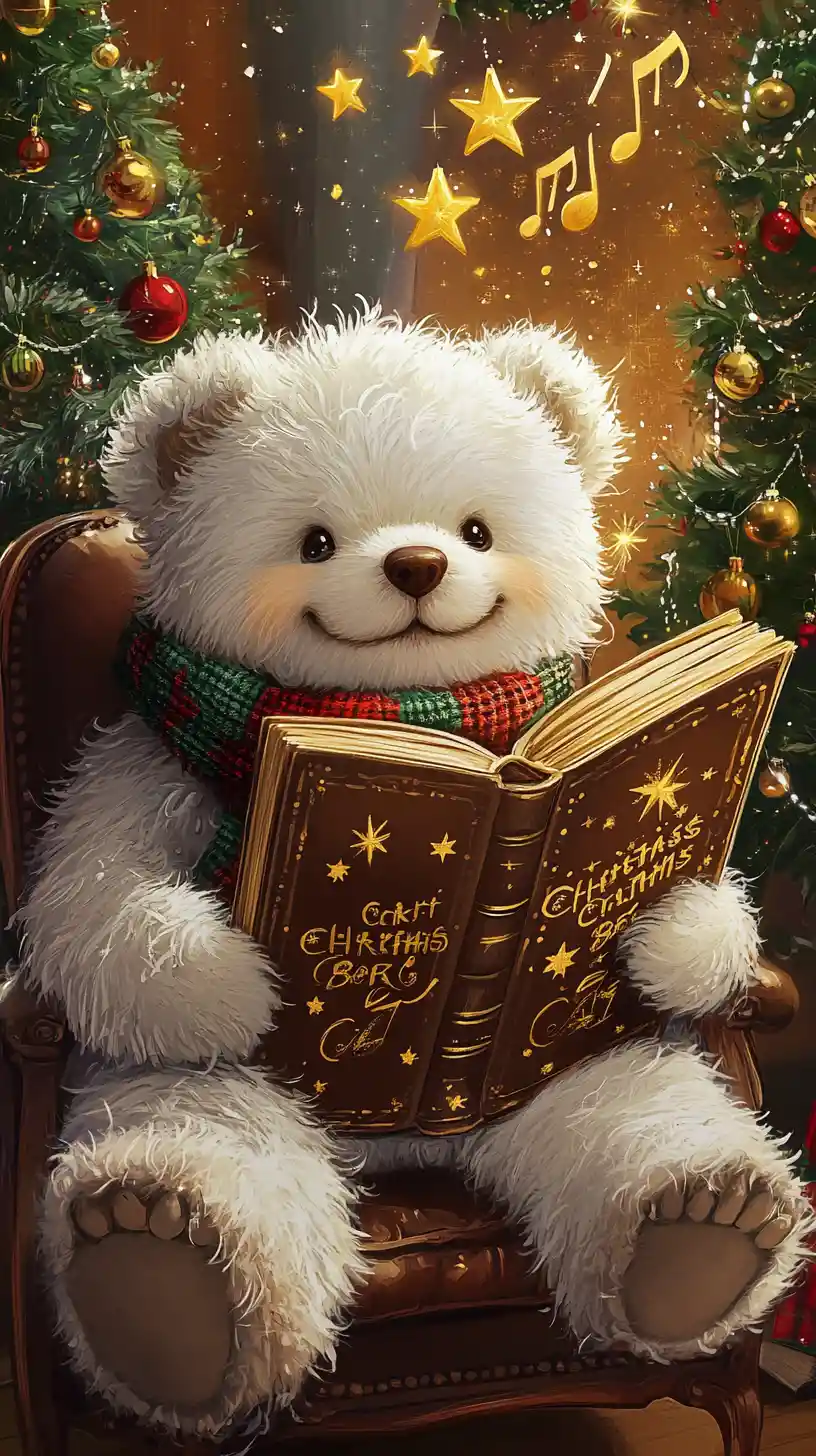 Teddy bear reading carol book in festive living room