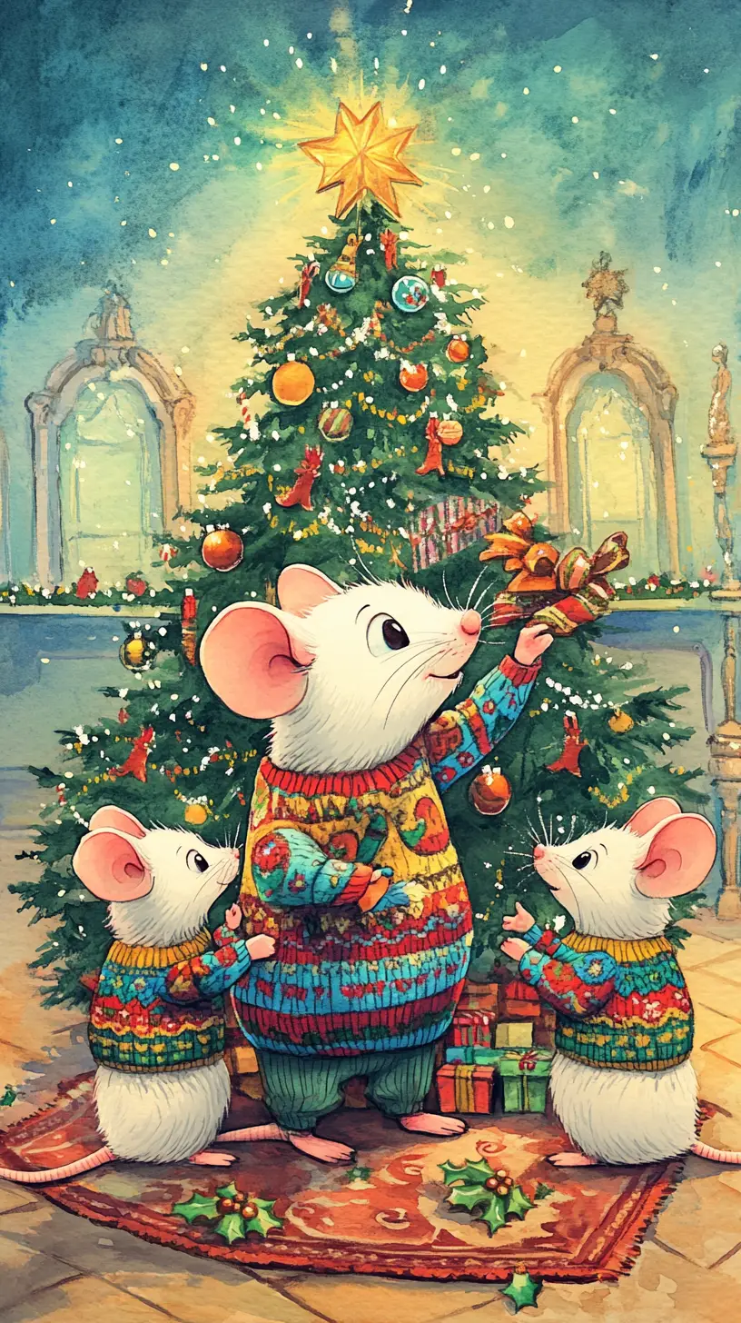 White mouse decorating a christmas tree in cozy room