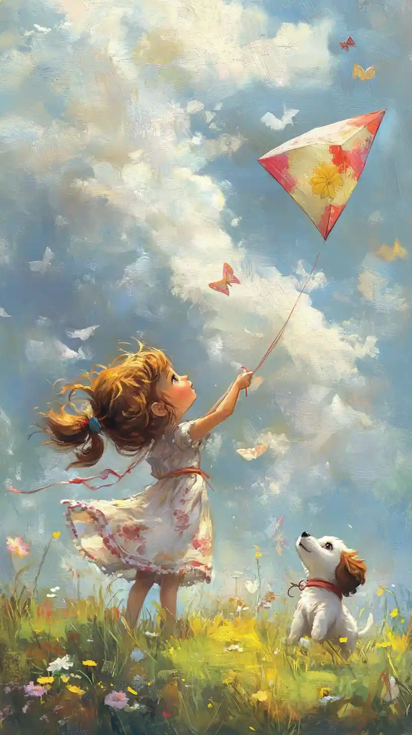 Little girl and puppy flying a kite in sunny field