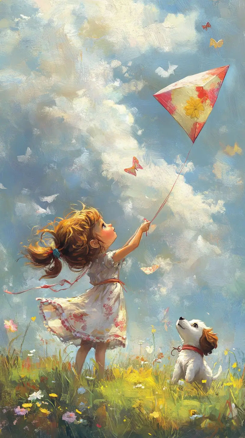 Little girl and puppy flying a kite in sunny field