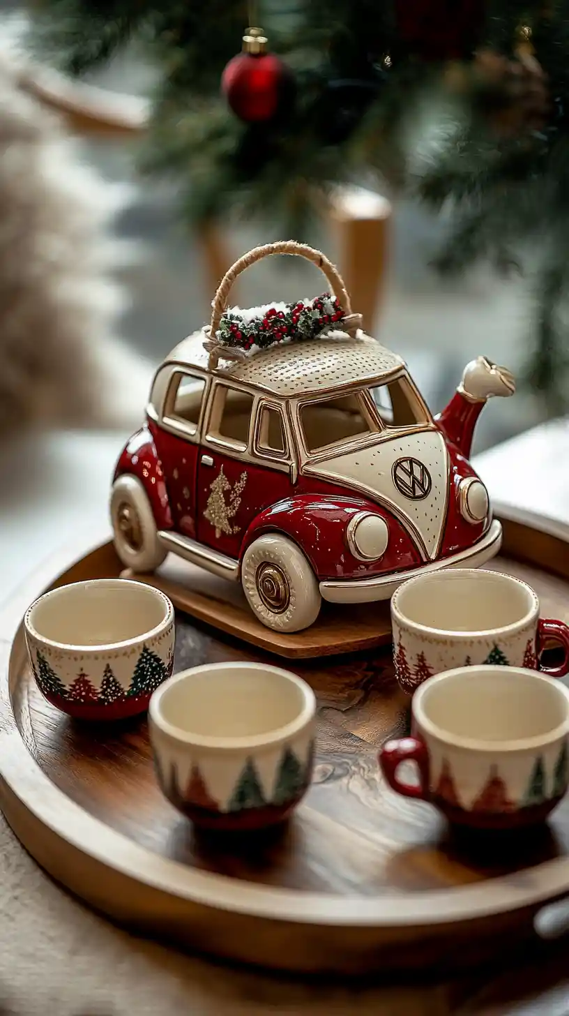 Bule de cerâmica em formato de carro de Natal com xícaras combinando na bandeja