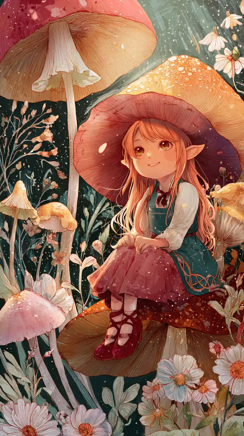 Mischievous elf girl on a giant mushroom in forest