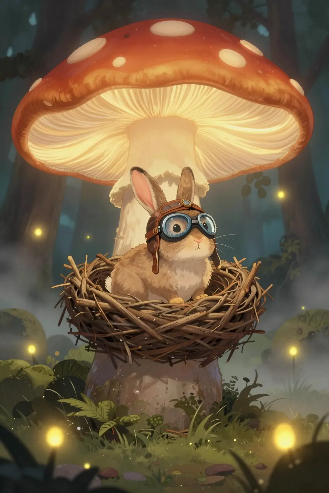 Curious rabbit in a glowing mushroom forest nest