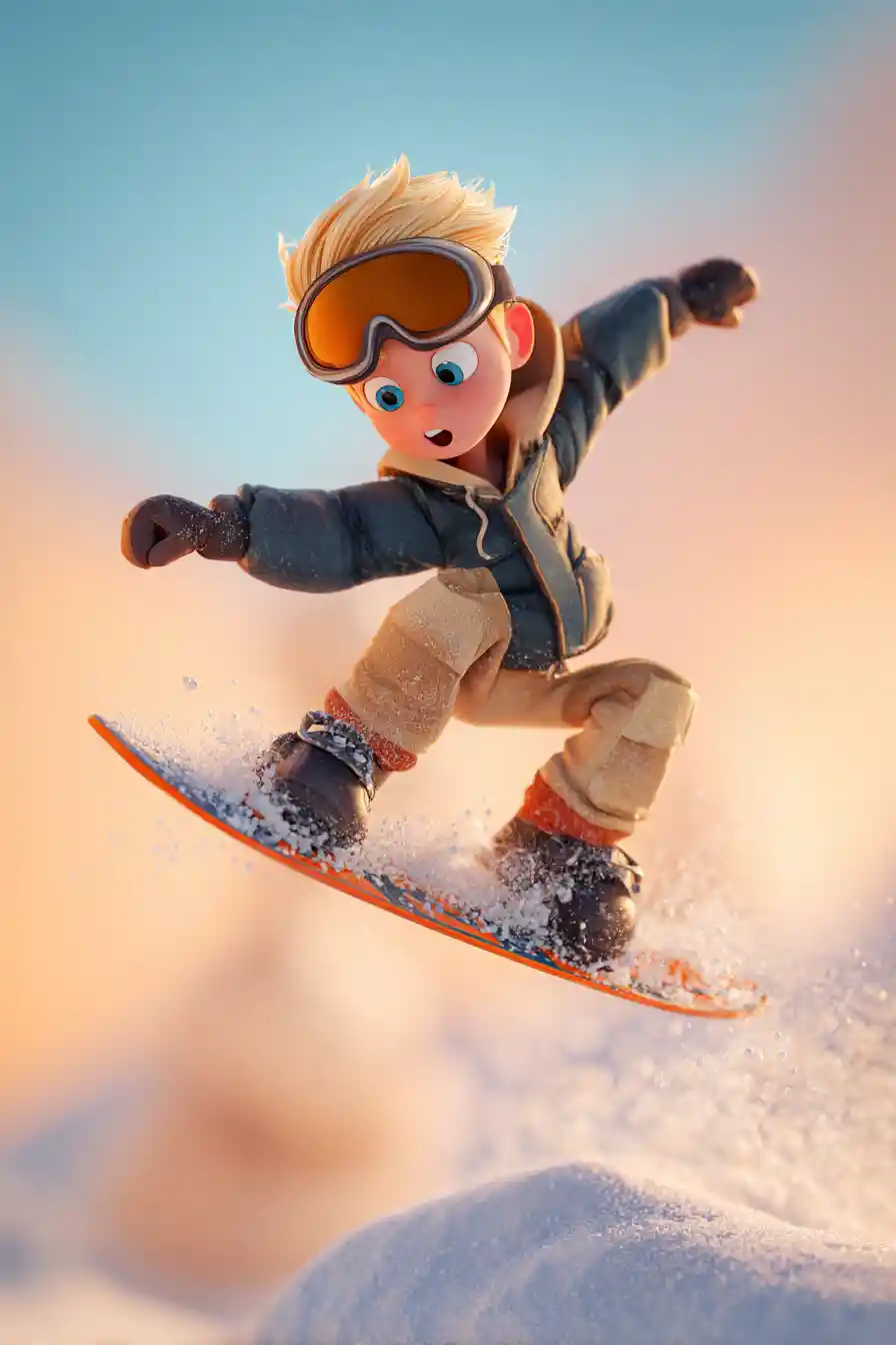 Young snowboarder mid jump in 3d cartoon style