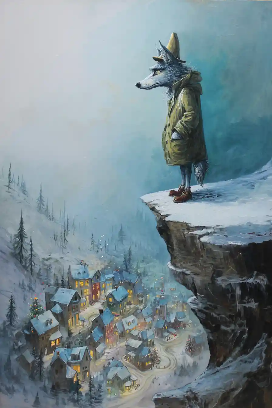 Lonely wolf on a winter cliff above christmas village