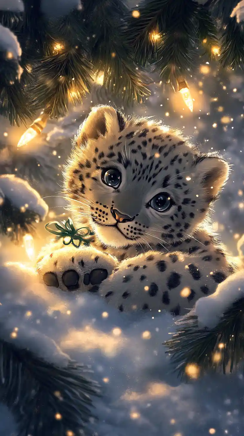 Cute anime snow leopard cub playing under christmas tree