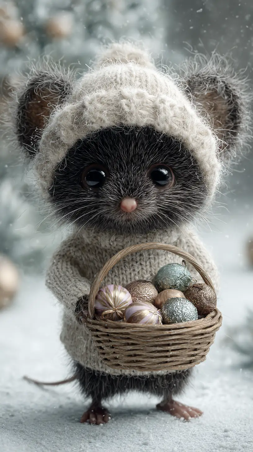 Cute anthropomorphic mouse in winter hat with basket