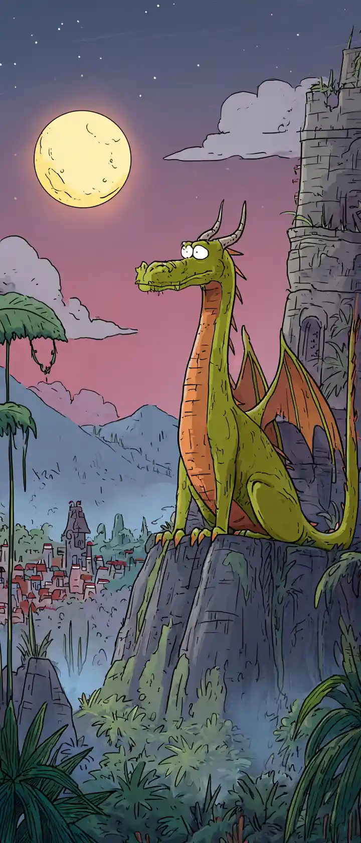 Majestic emerald dragon over ruins under full moon