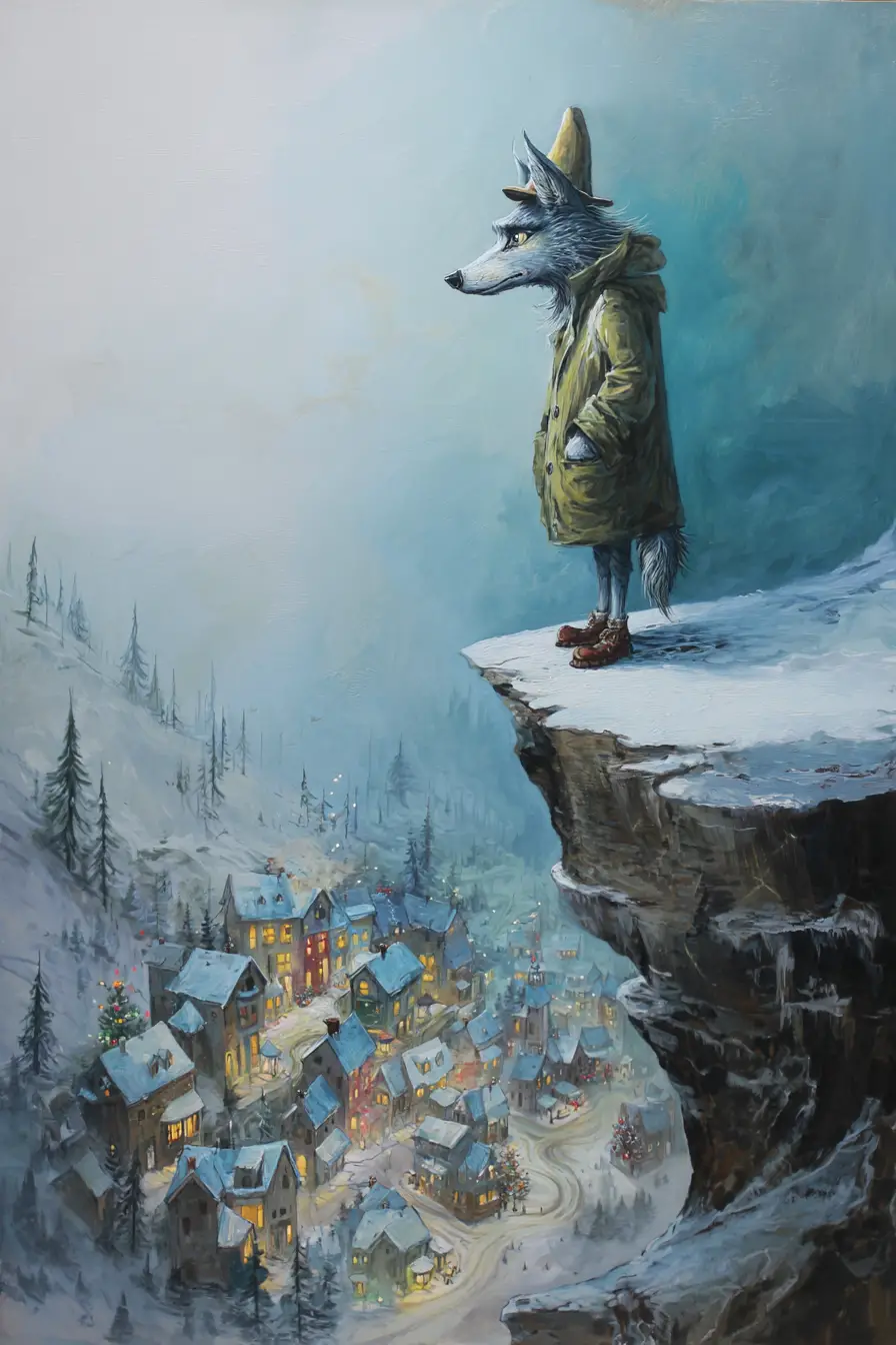 Lonely wolf on a winter cliff above christmas village