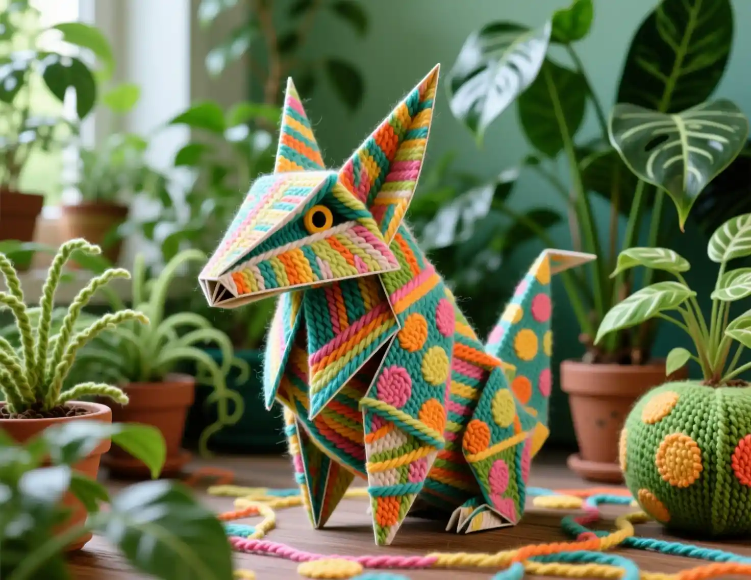 Surreal textile origami artwork with lush indoor plants