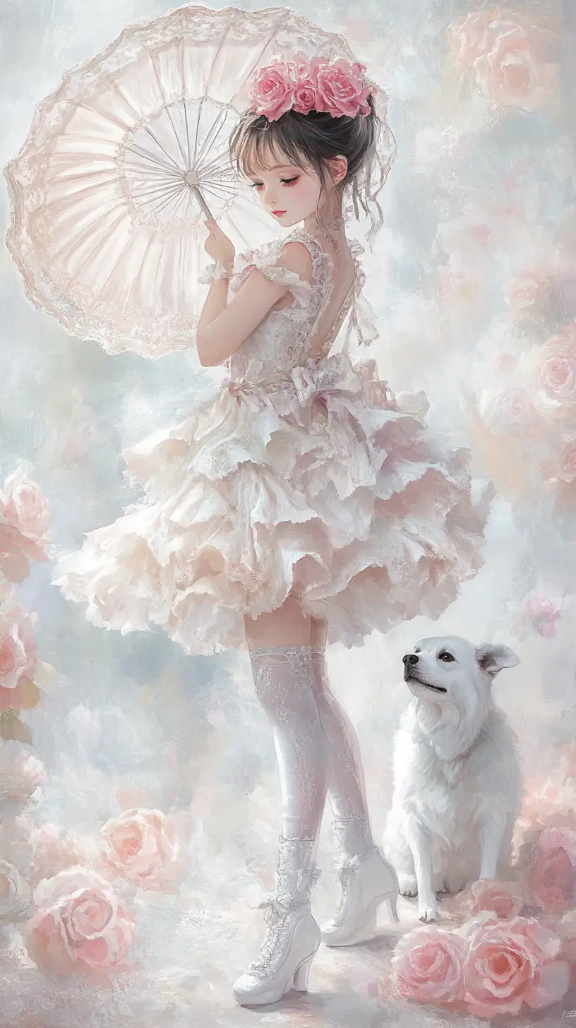 Young girl with parasol and dog in pastel roses