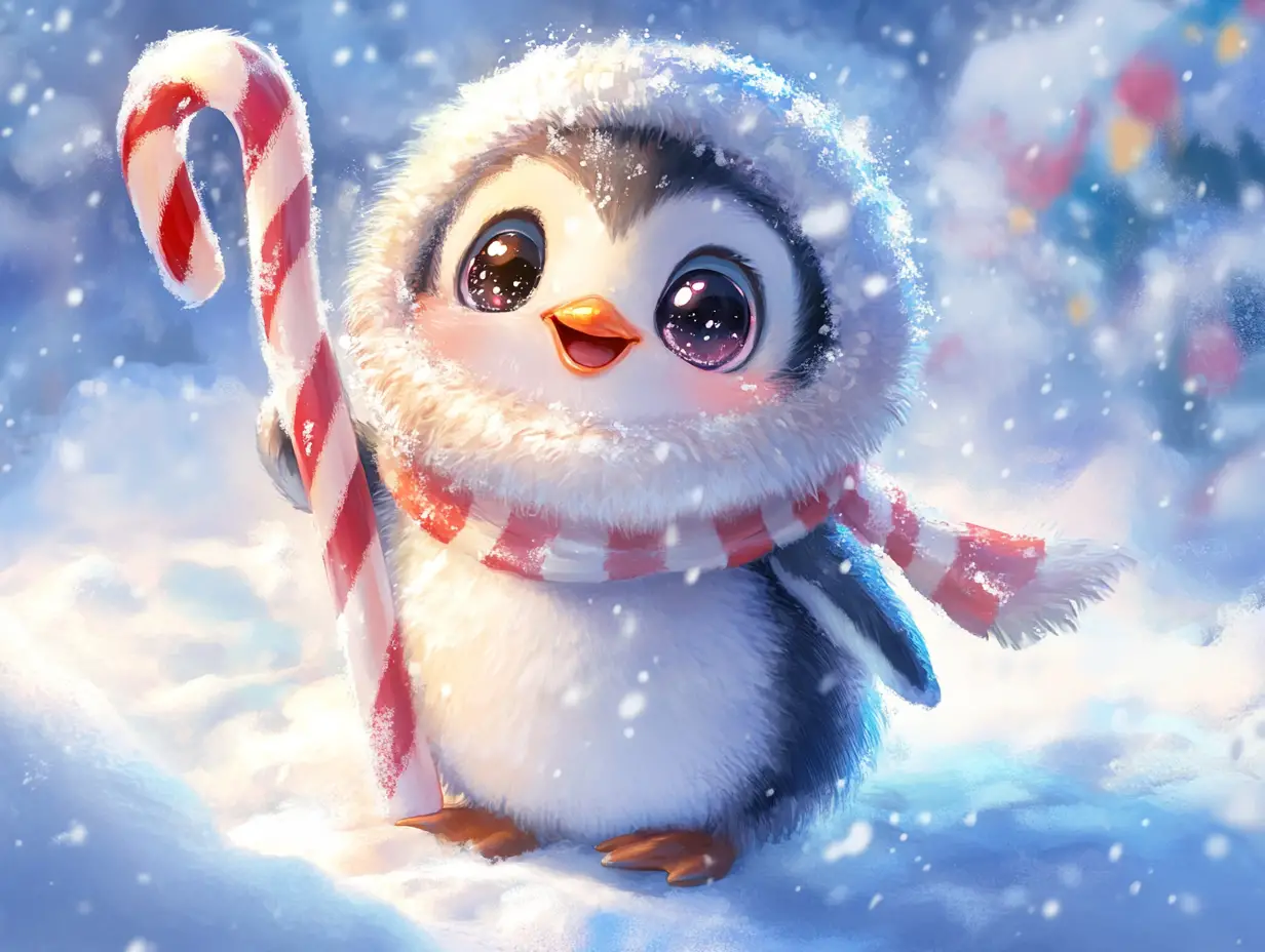 Cute baby penguin carrying a giant striped candy cane