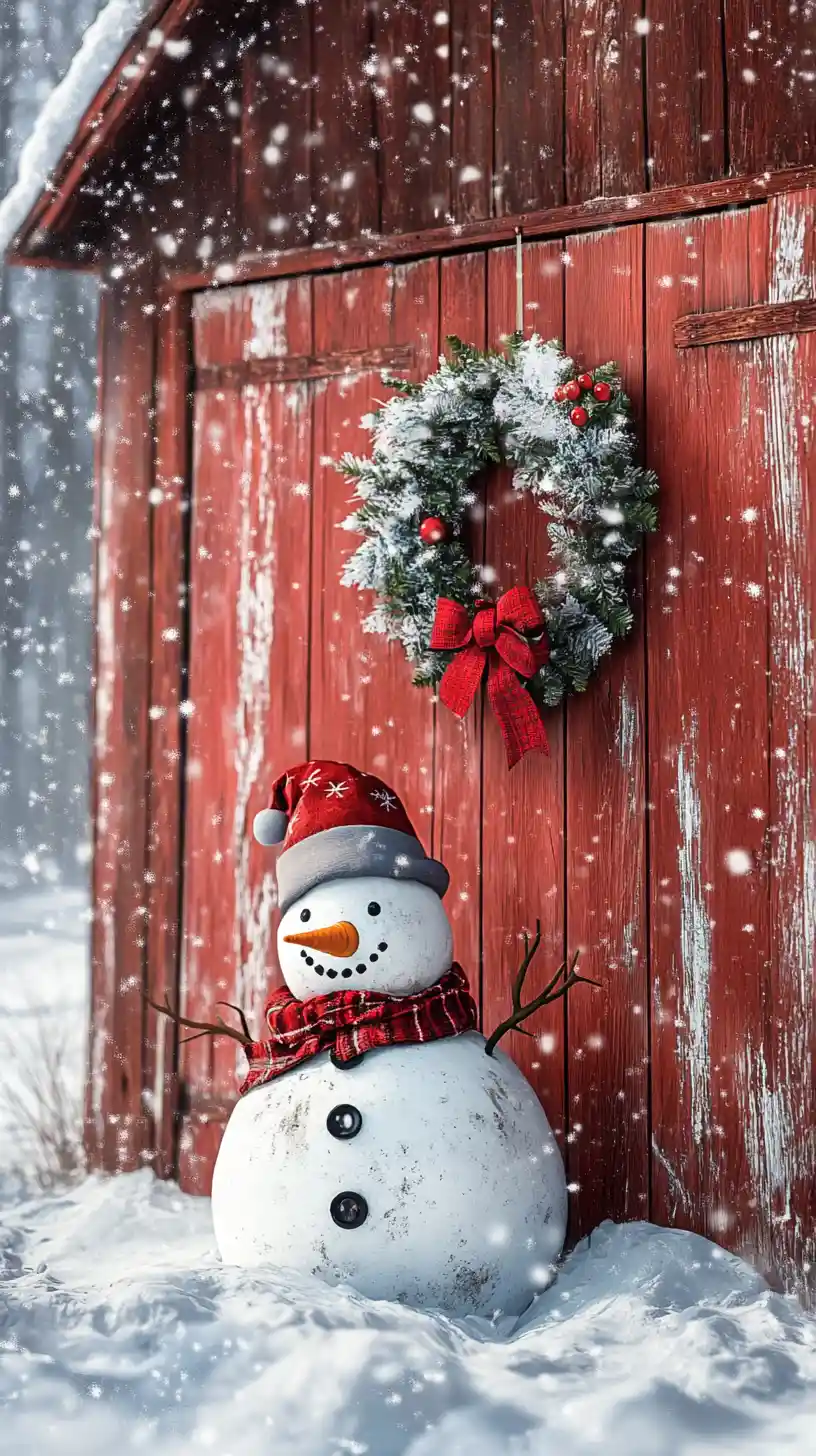 Vintage snowman by red barn in falling winter snow