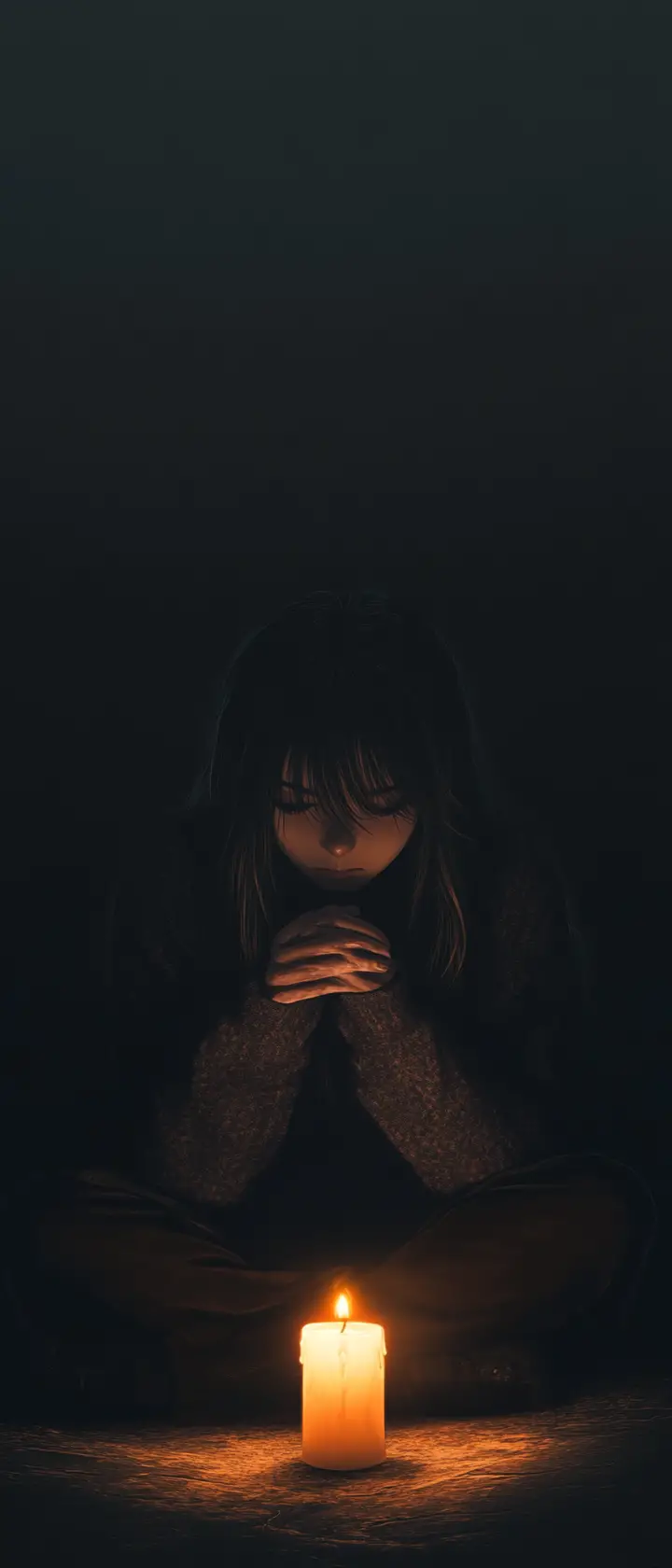 Anime girl sitting by a candle in the dark