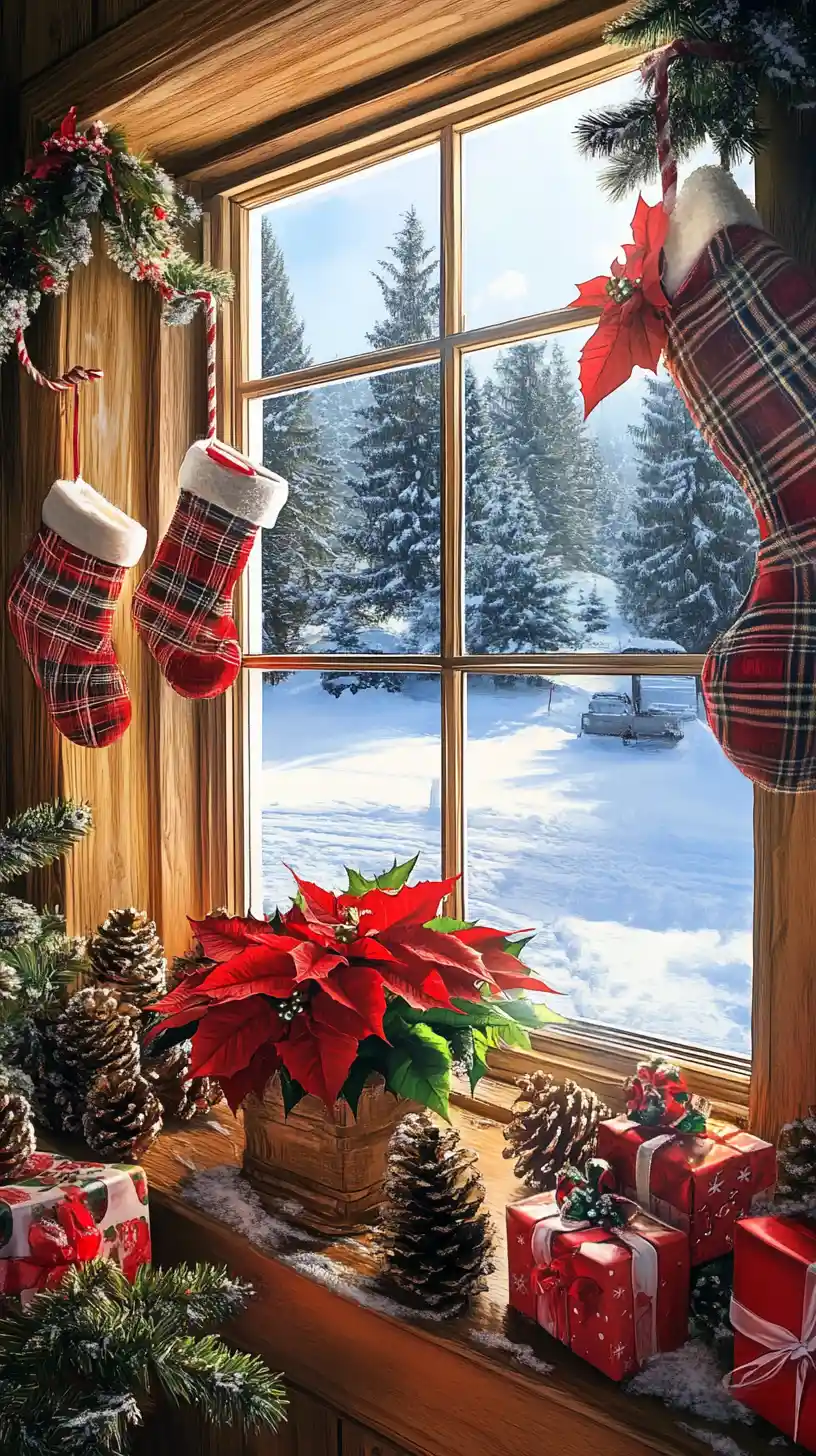 Cozy Christmas Window With Stockings And Poinsettias
