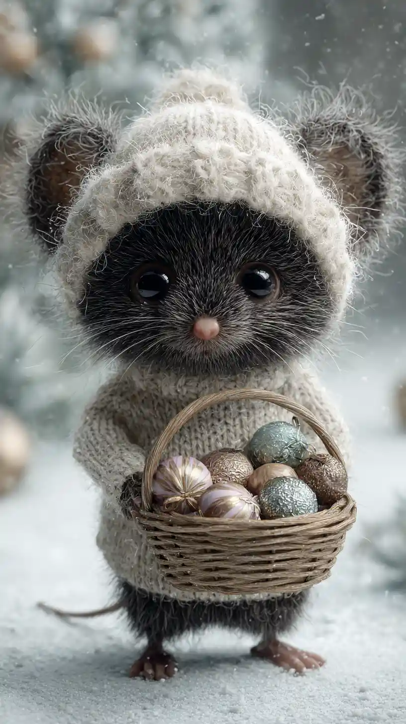 Cute anthropomorphic mouse in winter hat with basket