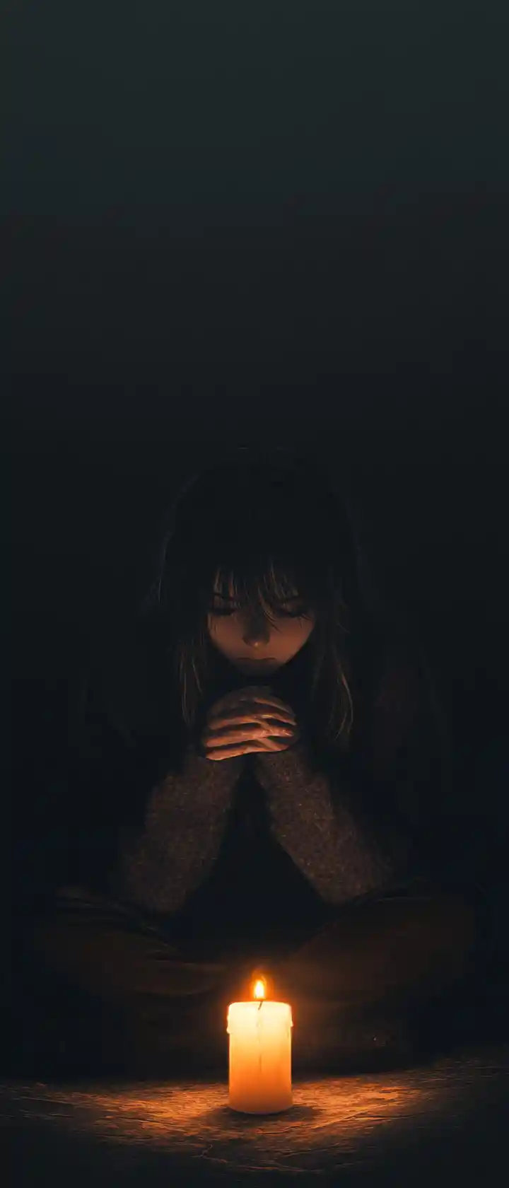 Anime girl sitting by a candle in the dark
