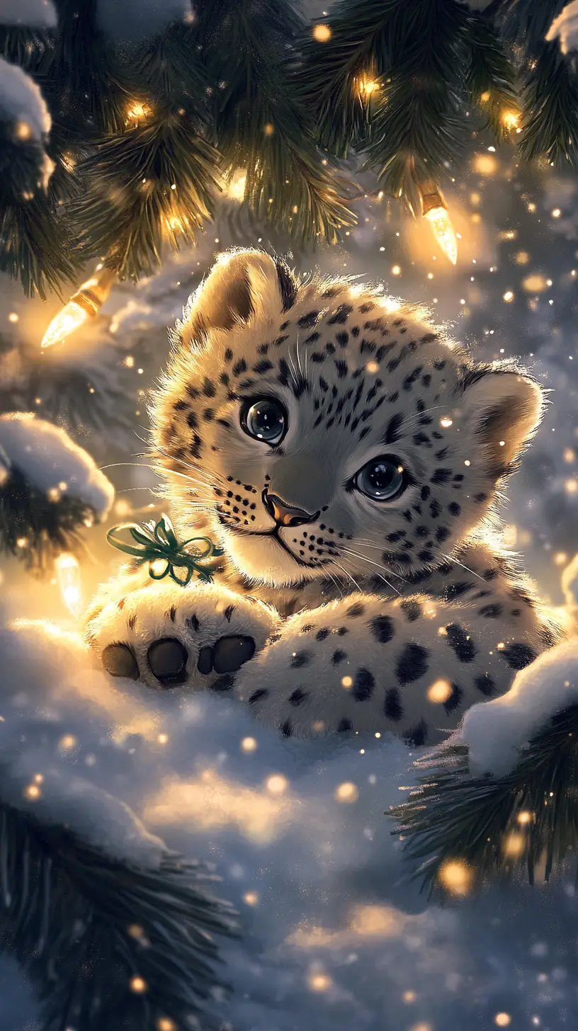 Cute anime snow leopard cub playing under christmas tree