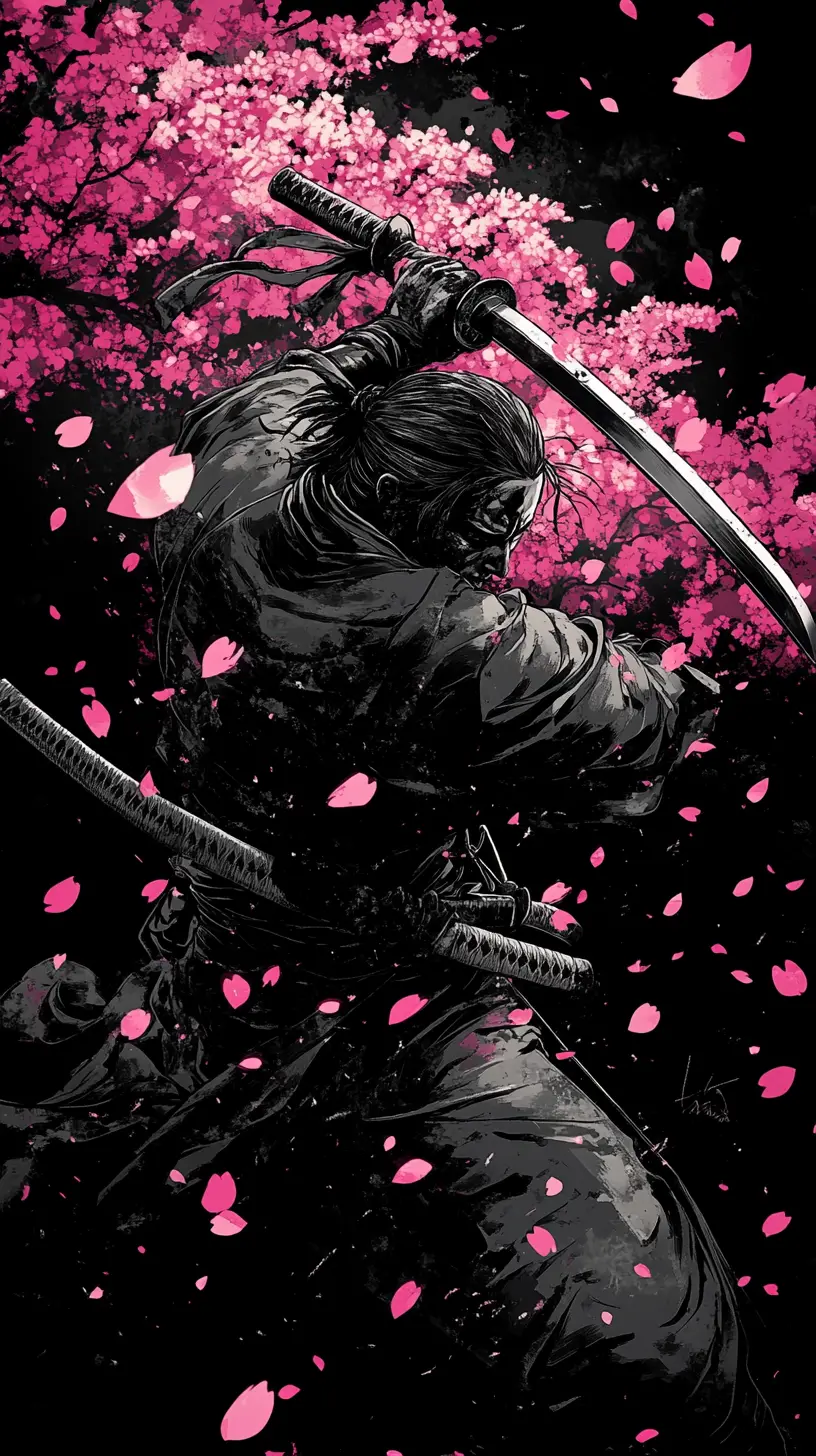 Blind samurai warrior in motion with falling cherry blossoms