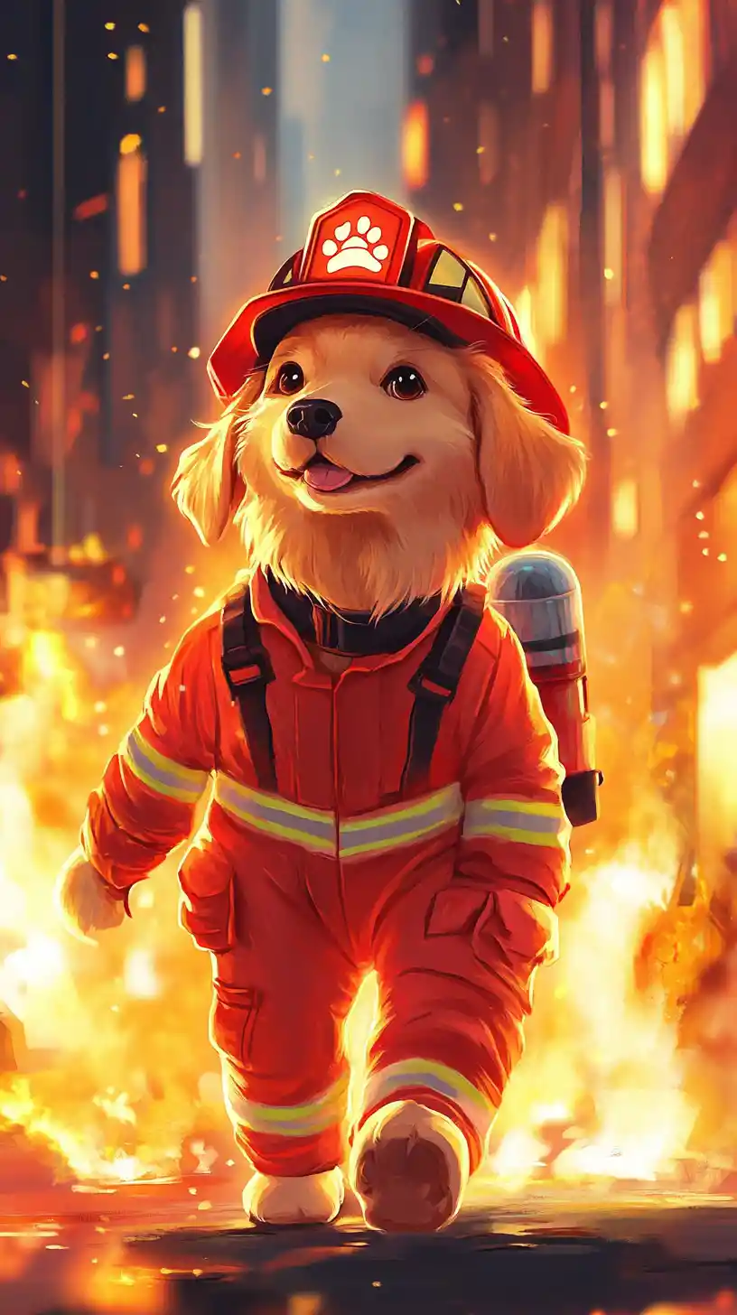 Brave Cartoon Firefighter Dog In Burning City Street