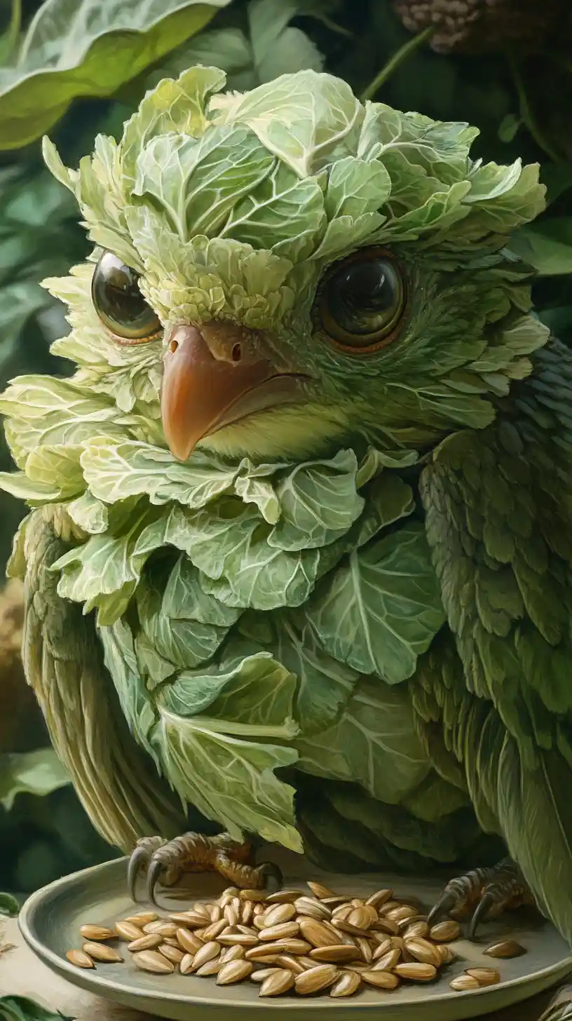 Whimsical cabbage feathered bird close up in garden