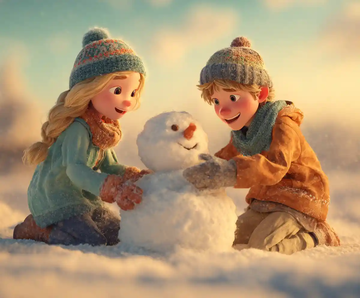 Teen friends building a snowman in golden winter light
