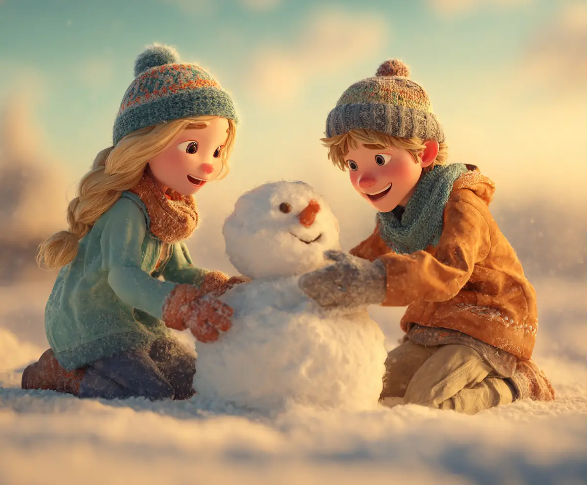Teen friends building a snowman in golden winter light