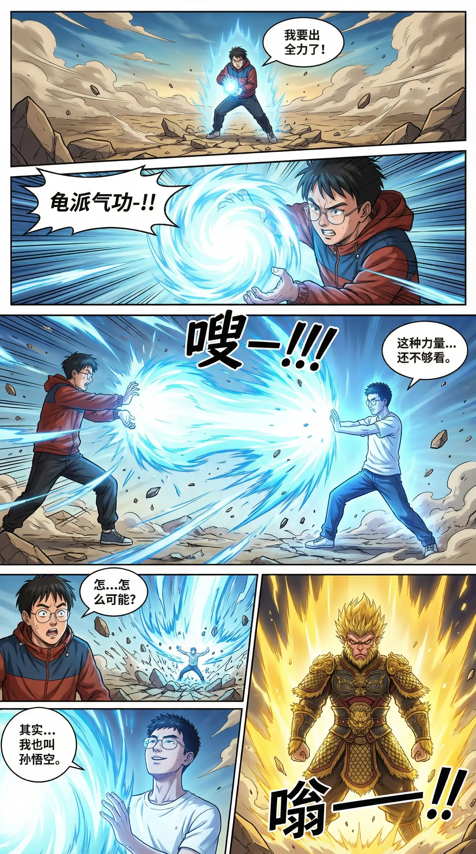 Anime warrior unleashing energy blast on shattered battlefield
