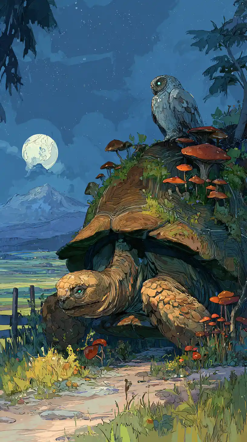 Ancient tortoise carrying glowing mushroom forest at night