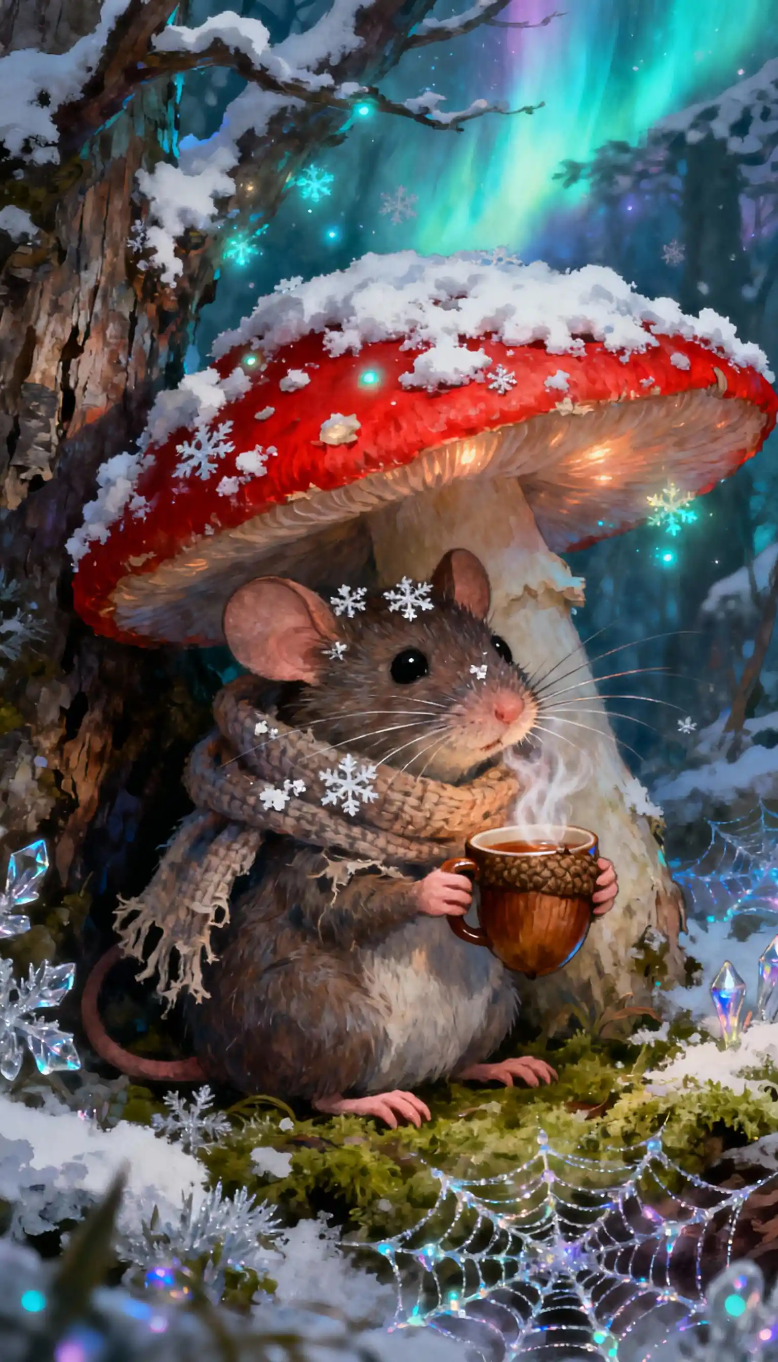 Cozy mouse under a snowy glowing mushroom shelter