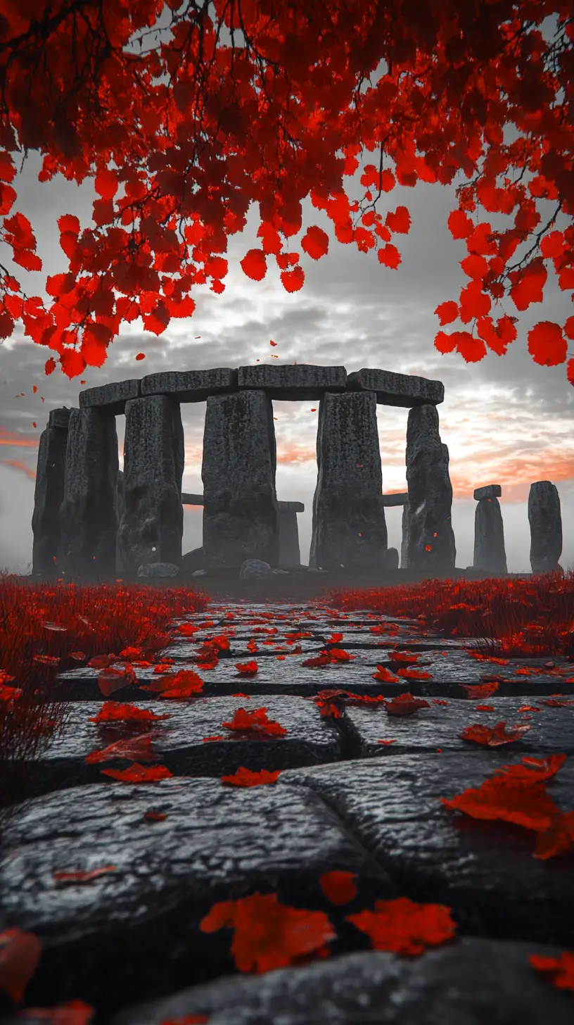 Surreal Stonehenge landscape at sunrise in autumn mist