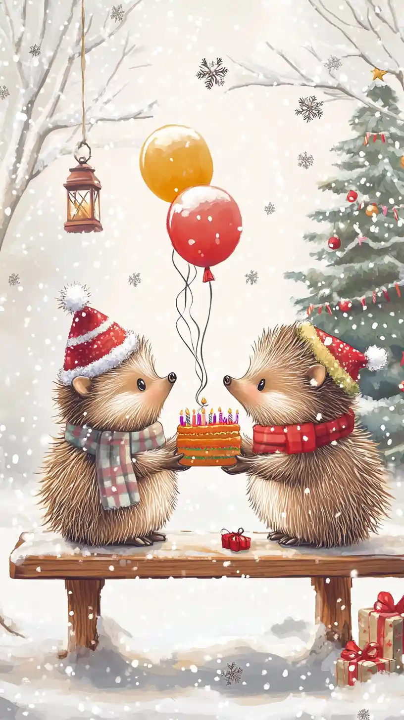 Cute cartoon hedgehogs exchanging gifts on snowy bench